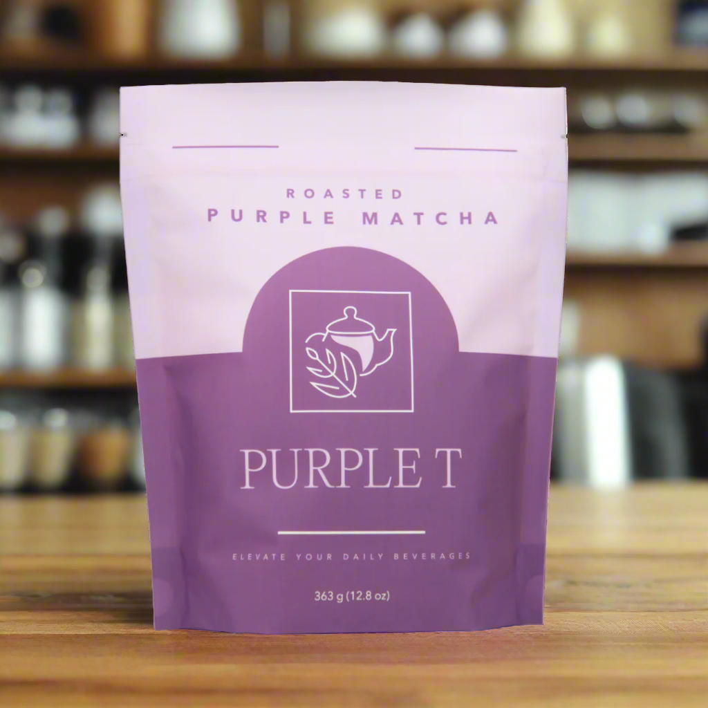 Purple Matcha Powder wholesale 90 serving pouch in a coffee shop