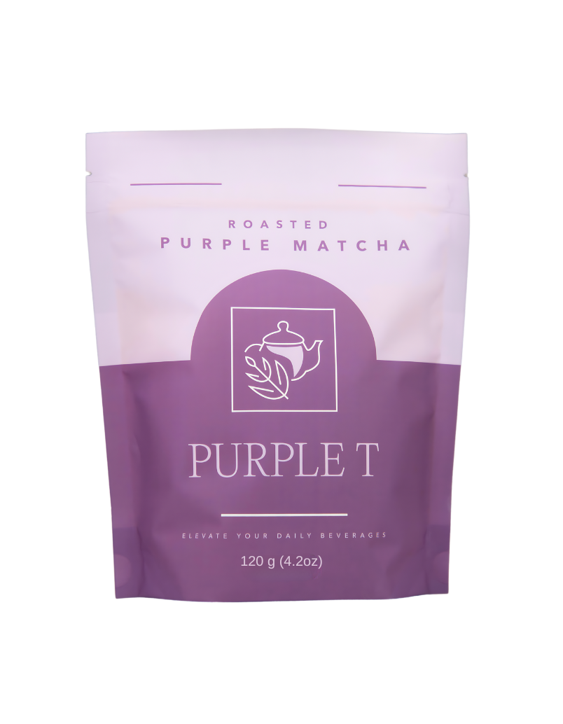 30 serving of roasted purple matcha powder in an pouch