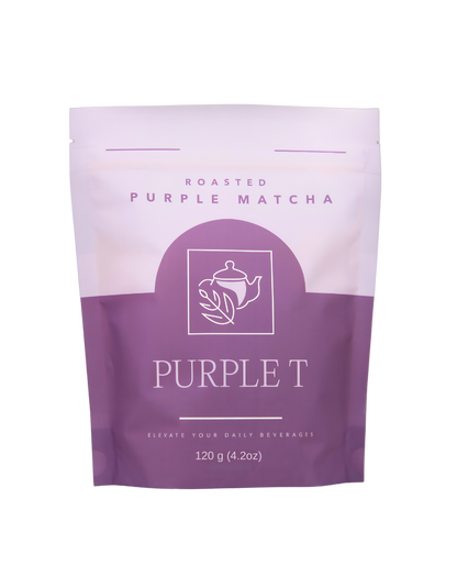 30 serving of roasted purple matcha powder in an pouch