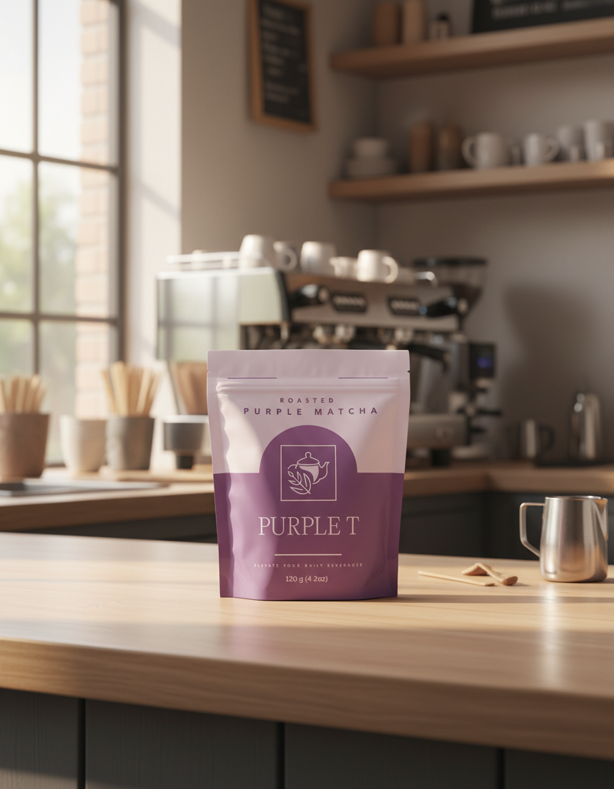 90 serving of roasted purple matcha powder in an pouch