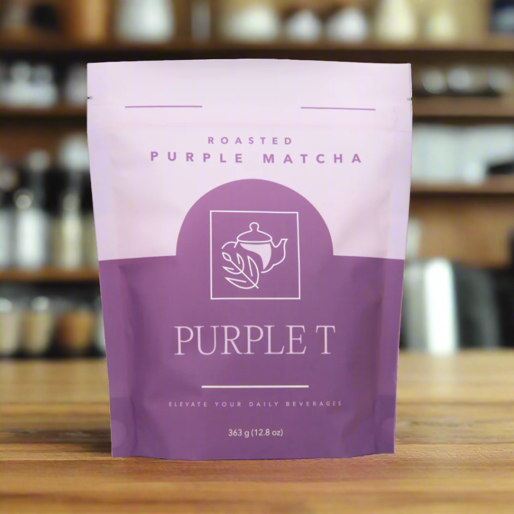 Purple Matcha Powder wholesale 90 serving pouch in a coffee shop 