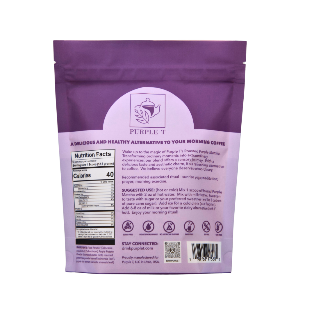 90 serving bag of purple matcha back of pouch
